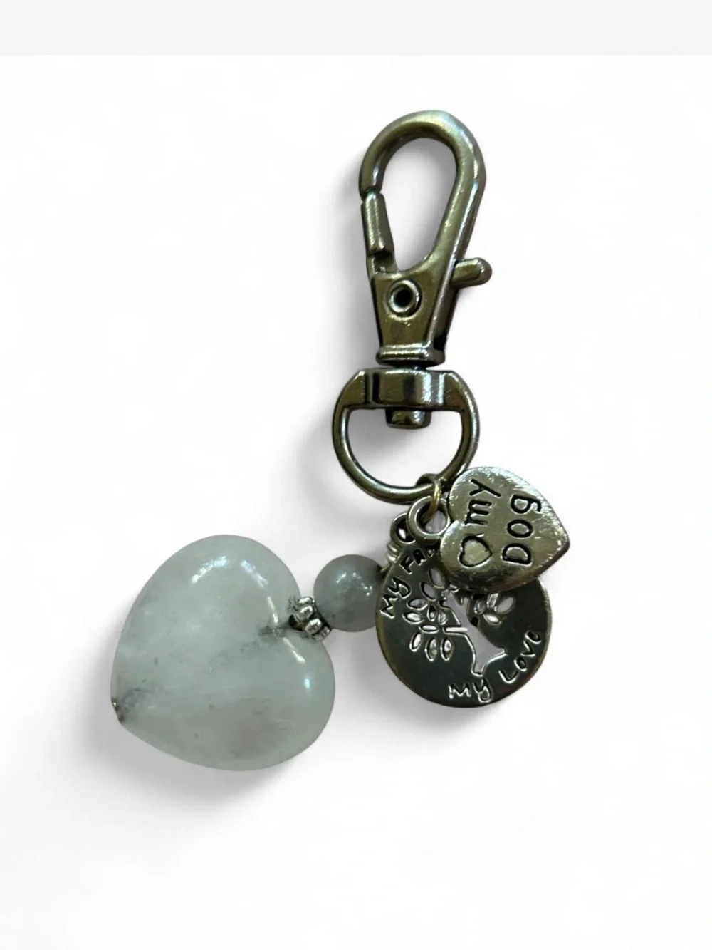 Pale Green Heart Keychain Charm with “My Love.. Dog & Family”